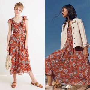Madewell Sheer-Sleeve Button-Front Midi Dress in Gathered Blooms
